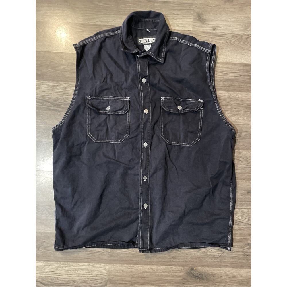 Vintage 90s Rubber Soul Sleeveless Shirt Black Denim Vest Contrast Stitch L USA